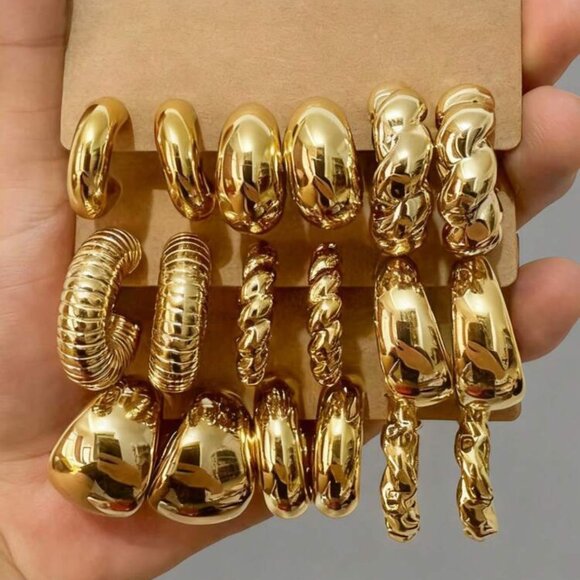 Gold Chunky Hoop Earring Set – 9 Pair Designer Inspired Statement Hoops - Picture 1 of 1